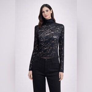 Womens Whimsigoth Sheer Black Lace Mock Neck Long Sleeve Fitted Stretch L Top